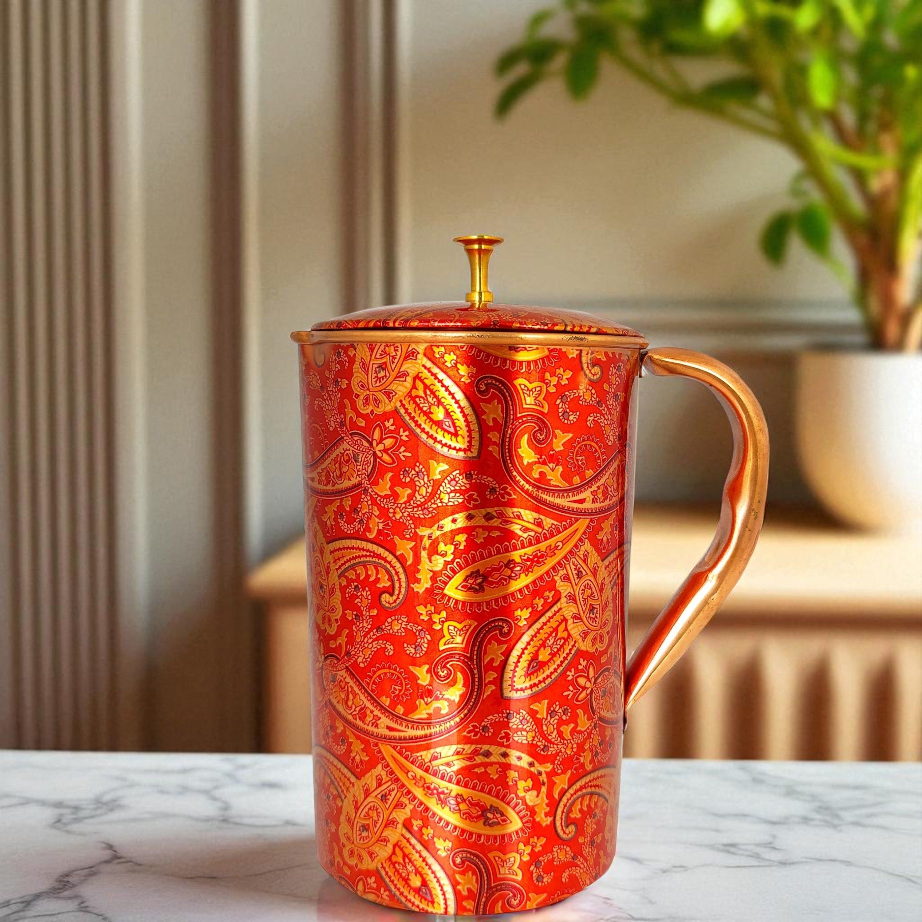 Pure copper paisley printed design jug with brass knob on lid candy, 1500 ML
